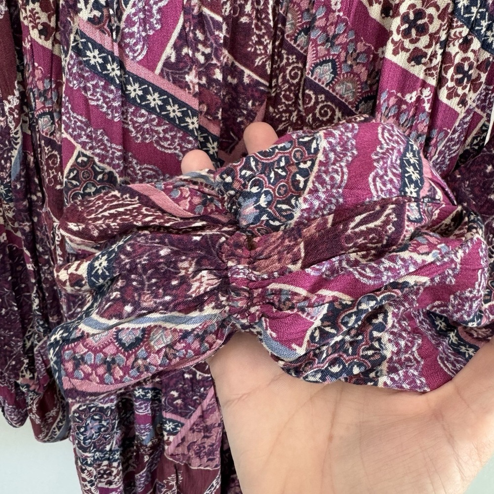 NWT Aura Shop Red Dress XS Purple Boho Patchwork Smocked Long Sleeve Mini Dress - Picture 12 of 14